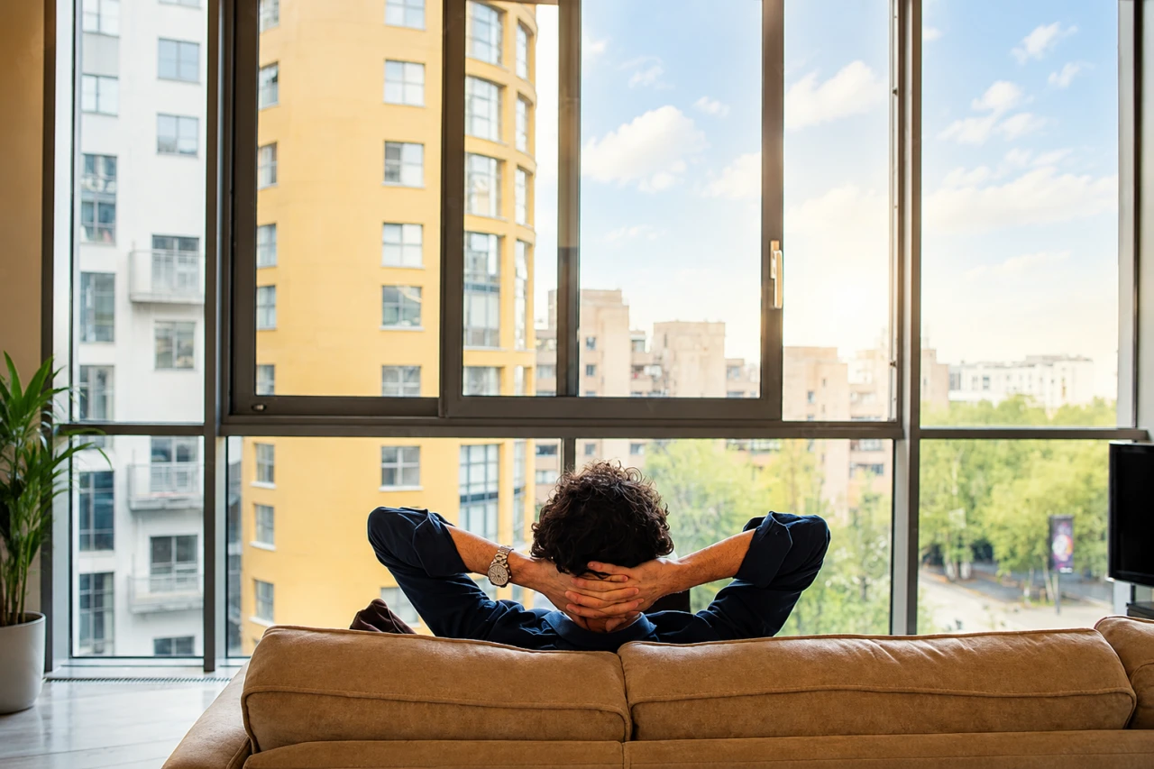 A man sitting back with his hands behind his head looking out a large window, enjoying his new CPN Apartment.